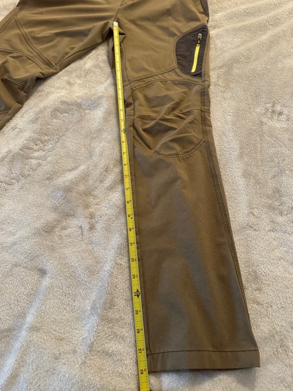 Brown Utility Work Pants with Yellow Zip Accent